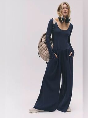 New Free People Hot Shot Wide-Leg Onesie In Midnight Navy Size XS